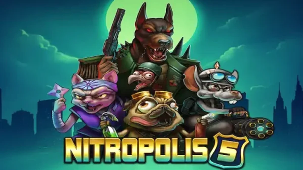 Nitropolis 5 slot machine gameplay interface na may mga cartoon animals at futuristic city background.