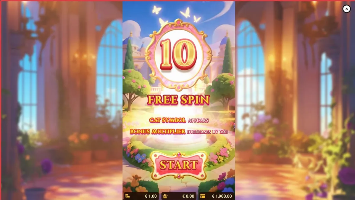 Royal Paws Maxways slot game screen na may marangyang hardin at mga simbolo ng pusa.