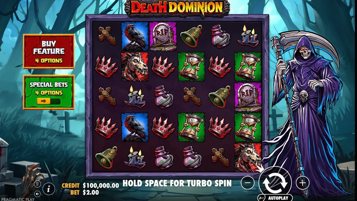Ang Grim Reaper sa gitna ng isang madilim at gothic na sementeryo sa Death Dominion slot.