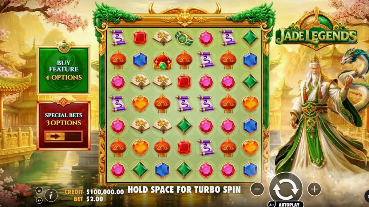 Jade Legends slot machine interface na may dragon theme at 7x7 grid