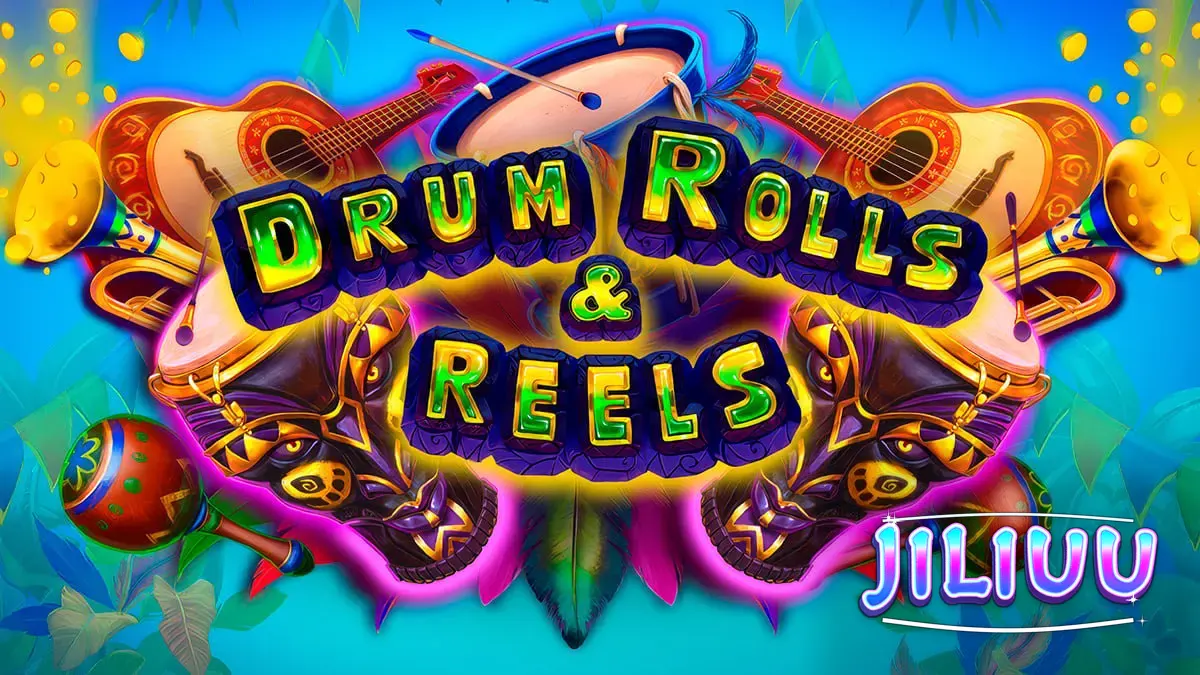 Isang makulay na screenshot ng slot game na Drum Rolls & Reels na nagpapakita ng mga simbolo ng carnival at reels.